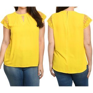 Angela Plus Yellow Blouse NWT Keyhole Neck Lace Cap Sleeves Solid